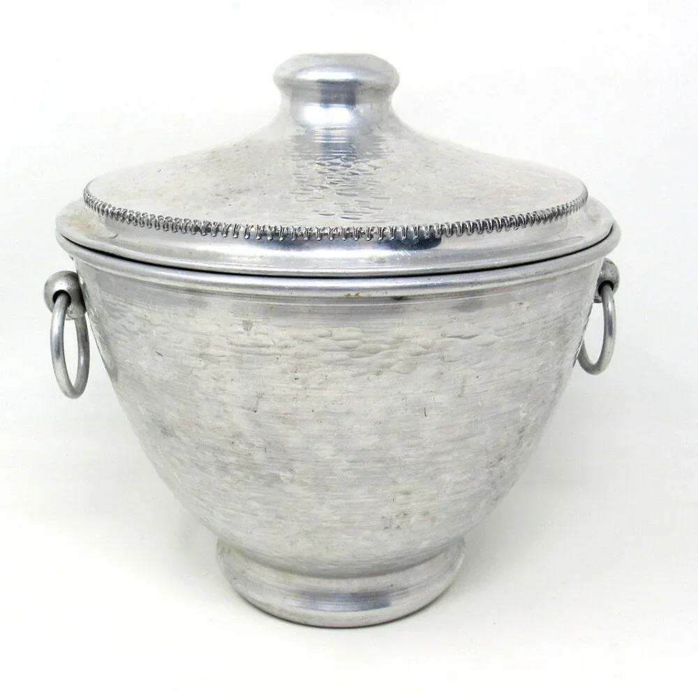 Hammered Aluminum Ice Bucket Gailstyn Vintage USA 9 X 8in Ring Handles Tongs